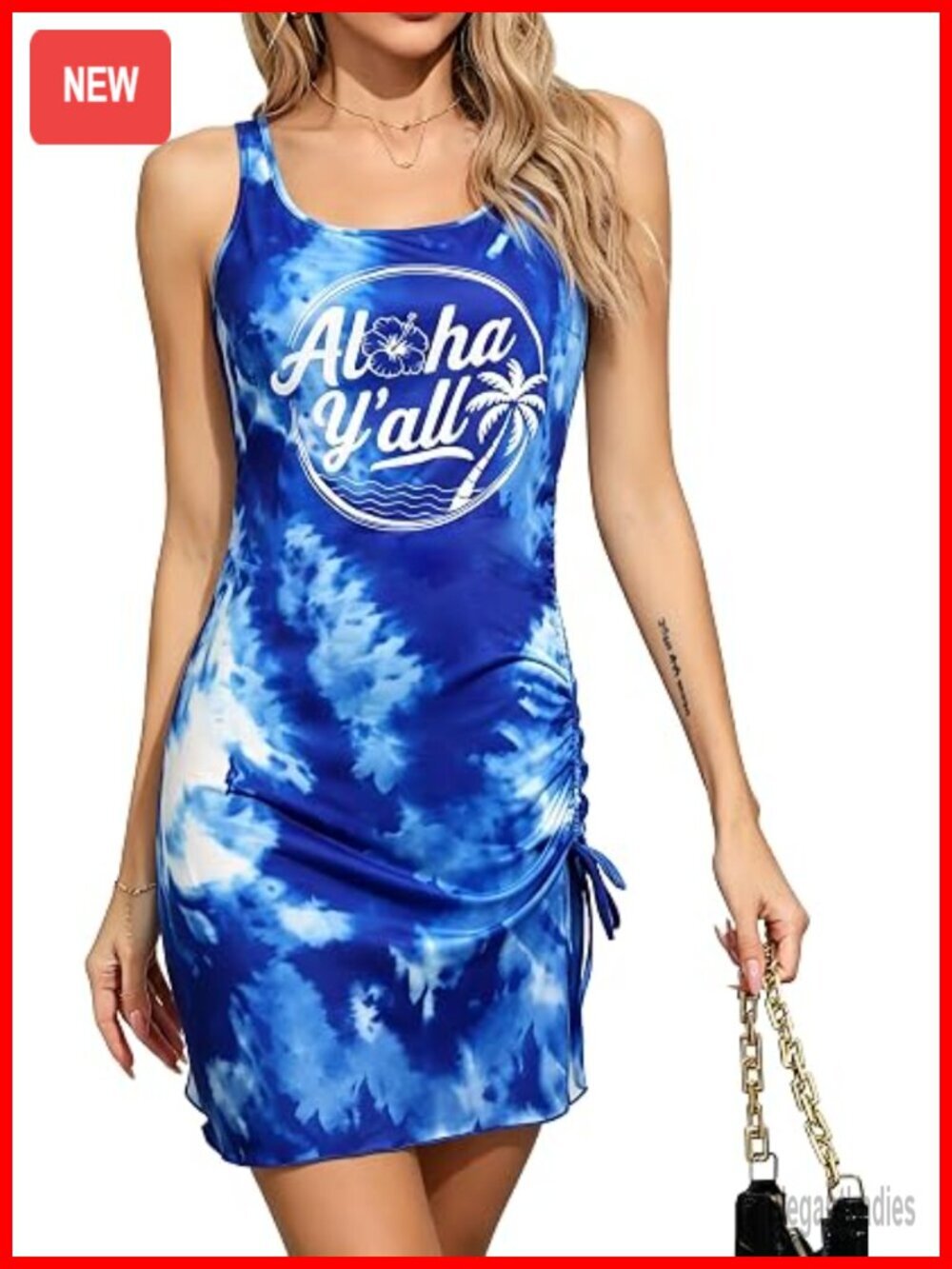 Boat Neck Sleeveless Bodycon Mini Sundress with Side Thigh Drawstring